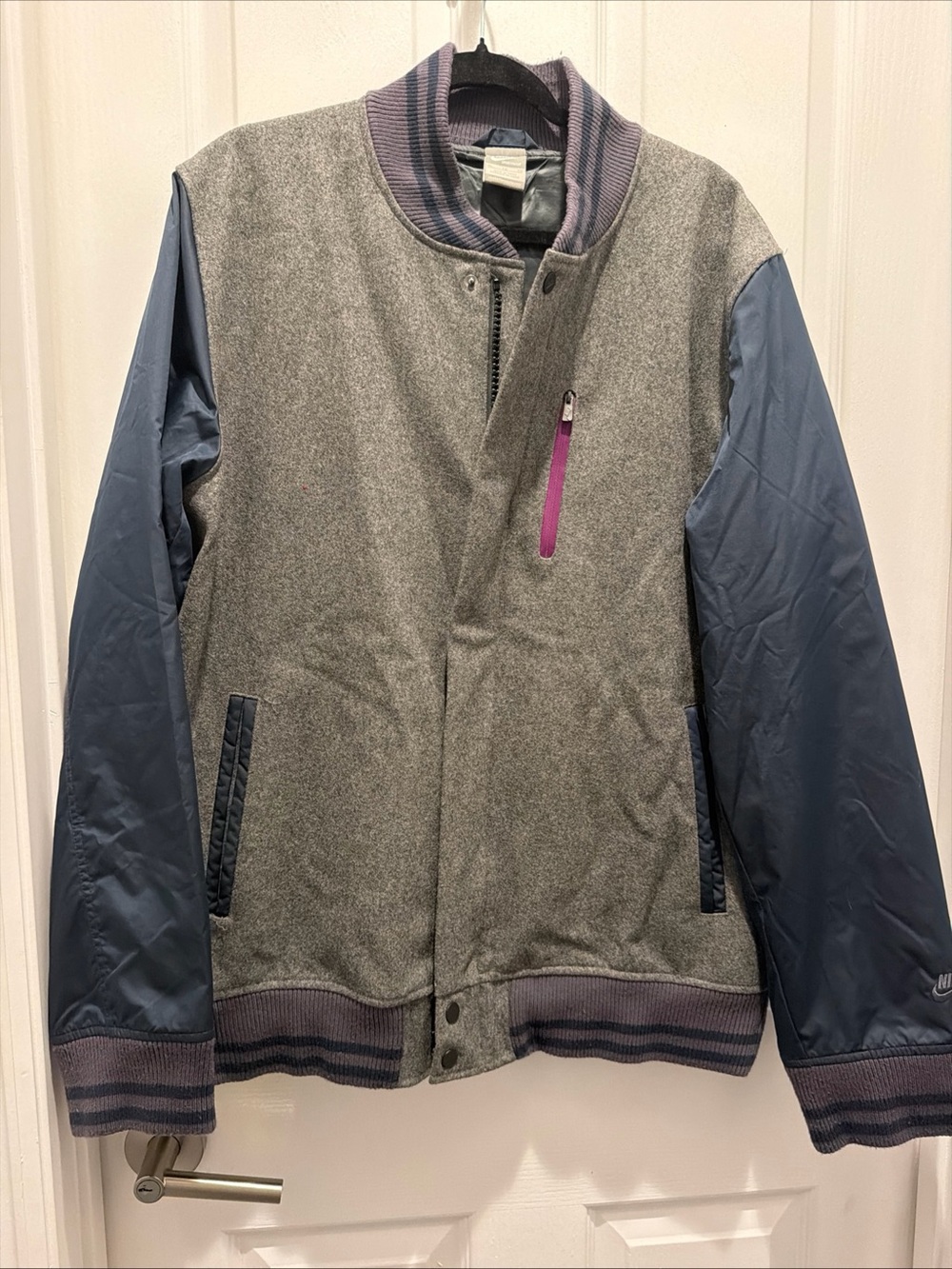 Nike Grey wool Jacket with Navy Interior and Purple Rib Trim men size XL